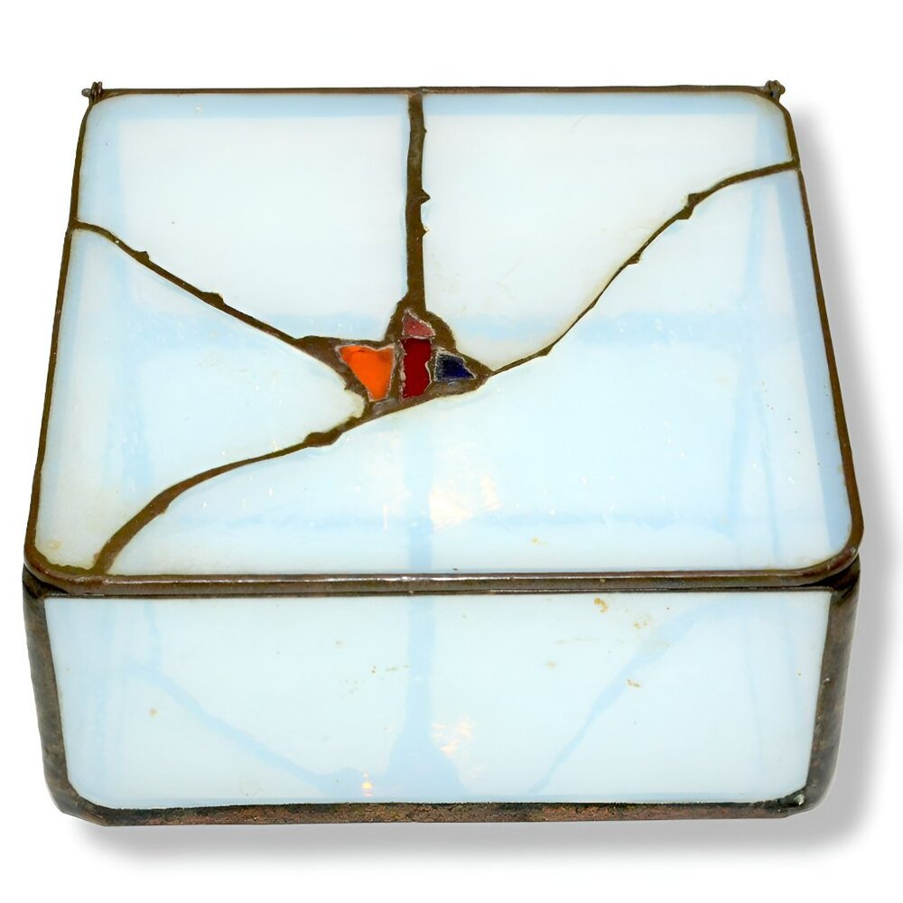 Antique 80s Stained Slag Glass Mirrored Modern Art Estate Jewelry Trinket Box